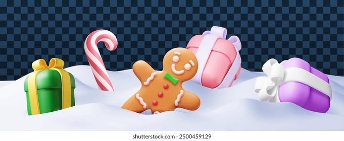 3D snowdrift with gift boxes isolated. Render presents with candycane and gingerbread man in snow. Happy new year decoration. Merry christmas holiday. New year xmas celebration. Vector illustration