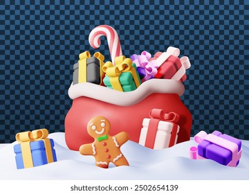 3D snowdrift with gift boxes isolated. Render presents with candycane and gingerbread man in snow. Happy new year decoration. Merry christmas holiday. New year xmas celebration. Vector illustration