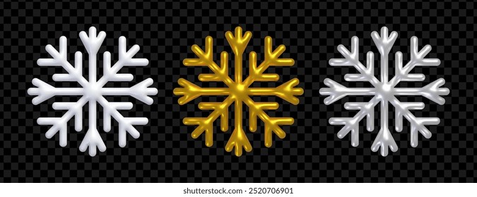 3D Schneeflocke. Set von realistischen Schneeflocken, weiß, golden und silber Farbe. Weihnachts- und Neujahrsdekorationen einzeln auf dunklem, transparentem Hintergrund