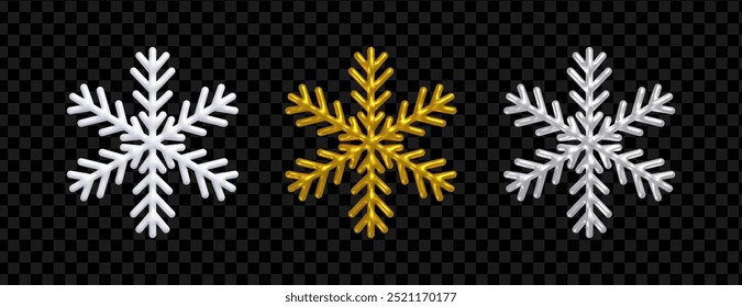 3d snowflake. Set of realistic snowflakes, white, golden and silver color. Christmas and New Year holiday decorations isolated on dark transparent background