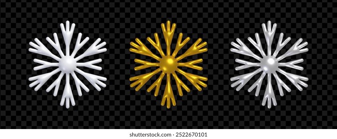 3d snowflake. Set of realistic snowflakes, white, golden and silver color. Christmas and New Year holiday decorations isolated on dark transparent background