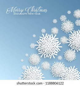 3d snowflake Winter blue Background with white paper cut origami Snowflakes  Merry Christmas and Happy New Year Invitation or greeting card Vector holiday template xmas