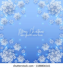 3d snowflake Winter blue Background with white paper cut origami Snowflakes  Merry Christmas and Happy New Year Invitation or greeting card Vector holiday template xmas