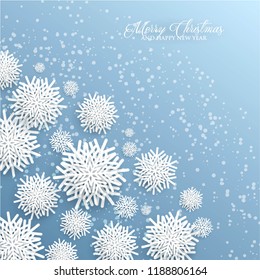 3d snowflake Winter blue Background with white paper cut origami Snowflakes  Merry Christmas and Happy New Year Invitation or greeting card Vector holiday template xmas