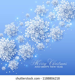 3d snowflake Winter blue Background with white paper cut origami Snowflakes  Merry Christmas and Happy New Year Invitation or greeting card Vector holiday template xmas