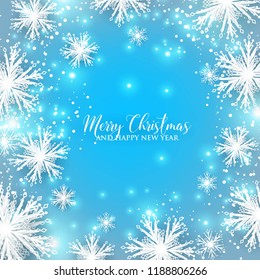 3d snowflake Winter blue Background with white paper cut origami Snowflakes  Merry Christmas and Happy New Year Invitation or greeting card Vector holiday template xmas