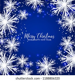 3d snowflake Winter blue Background with white paper cut origami Snowflakes  Merry Christmas and Happy New Year Invitation or greeting card Vector holiday template xmas