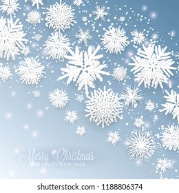 3d snowflake Winter blue Background with white paper cut origami Snowflakes  Merry Christmas and Happy New Year Invitation or greeting card Vector holiday template xmas