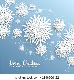 3d snowflake Winter blue Background with white paper cut origami Snowflakes  Merry Christmas and Happy New Year Invitation or greeting card Vector holiday template xmas