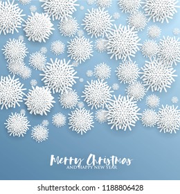 3d snowflake Winter blue Background with white paper cut origami Snowflakes  Merry Christmas and Happy New Year Invitation or greeting card Vector holiday template xmas