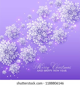 3d snowflake Winter violet Background with white paper cut origami Snowflakes