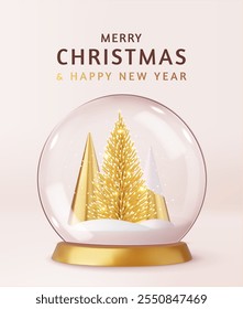 3d snowglobe with Christmas trees. Christmas decoration. New Year Concept. 3d rendering. Vector illustration