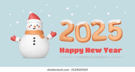 3d snowman with 2025 numbers. Happy New Year banner with cute character and inflated text on snowy blue background. Vector illustration, cartoon rendering, traditional winter element.