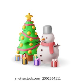 3D snowman and christmas tree decorated with gift boxes, colorful balls, garland lights, golden star. Render evergreen tree. Greeting card, festive, party invitations. New year. Vector illustration