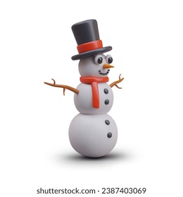 3D snowman in clothes. Vector winter character. Christmas time. Smiling snowman in cartoon style. Isolated image on empty background, with shadows and reflections