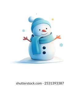 3D snowman in a hat and scarf. Smiling snowman character for advertising concepts of New Year holidays. Vector illustration.