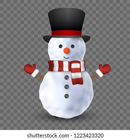 3d snowman on transparent background, vector illustration.