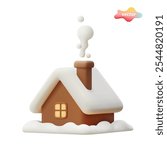 3d snowy house In plastic cartoon style. Small cozy house Icon isolated on white background. Winter house. Vector realistic image