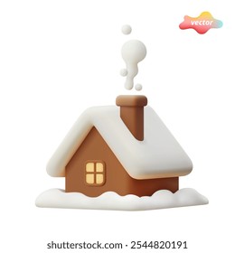 3d snowy house In plastic cartoon style. Small cozy house Icon isolated on white background. Winter house. Vector realistic image