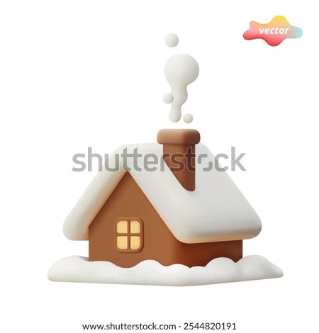 3d snowy house In plastic cartoon style. Small cozy house Icon isolated on white background. Winter house. Vector realistic image