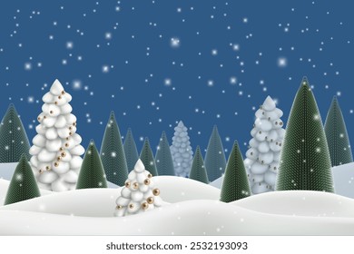 3d snowy white winter background. Snowflakes flow in blue sky to forest landscape. Gold cartoon vector merry cristmas scene, decor pine on hills. Happy new year fir trees with golden xmas ornaments.