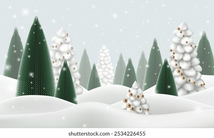 3d snowy white winter background. Snowflakes flow in blue sky to forest landscape. Gold cartoon vector merry cristmas scene, decor pine on hills. Happy new year fir trees with golden xmas ornaments.