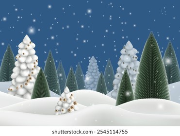 3d snowy white winter background. Snowflakes flow in blue sky to forest landscape. Gold cartoon vector merry cristmas scene, decor pine on hills. Happy new year fir trees with golden xmas ornaments.
