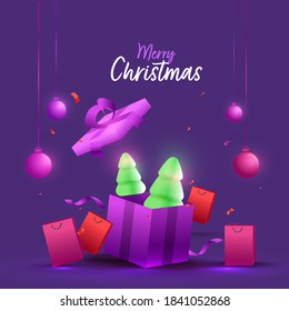 3D Snowy Xmas Trees Inside Gift Box with Shopping Bags and Hanging Baubles on Purple Background for Merry Christmas Celebration.