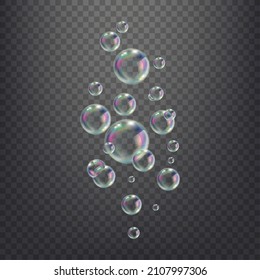 3d soap balls. Realistic transparent bubbles detergent, air blowing colored rainbow soapy bubble, water drop foam shampoo, clean glossy round sphere, isolated tidy vector illustration