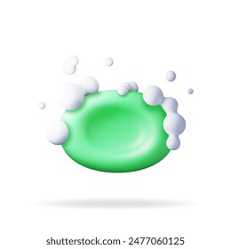 3D soap bar with foam and bubbles isolated. Render green soap in foam symbol. Hygiene, house cleaning equipment. Household accessories. Realistic vector illustration