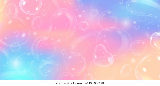 3D Seifenblasen auf buntem Farbverlauf. Vektorabstrakter Hintergrund. Realistische transparente Luftblasen kosmetische Gel oder Schaumtropfen. Glänzender Wasserfleck mit Glasuren, abgerundete Glasformen