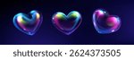 3d soap heart shaped bubbles in iridescent rainbow colors. Glossy reflective surface and translucent shiny texture. Holographic spectrum hues gradient cute romantic valentine day love symbols.