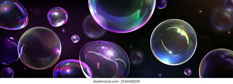 3d soap water bubble. Magic glass transparent in blue and purple. Abstract iridescent sphere. Dreamy soapy liquid powder texture. Glossy rainbow bath orb illustration. Soft clear laundry light