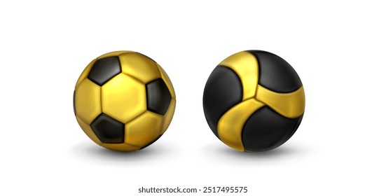 3d soccer ball. Golden and black sport icon vector. Realistic stadium game element design set. Football toy shoot in gold color and pentagon pattern. Fan league competition sphere trophy graphic