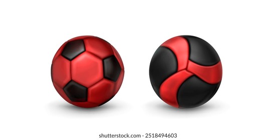 3d soccer ball. Red and black sport icon vector. Realistic stadium game element design set. Football toy shoot in scarlet color and pentagon pattern. Fan league competition sphere trophy graphic
