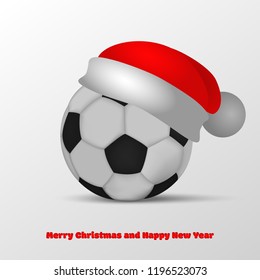 3d Soccer ball with red santa claus hat. Merry Christmas and Happy football New Year celebration card, poster or banner template. vector illustration