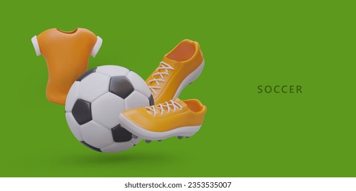 3D soccer ball, t shirt, sports shoes. Time to play. Accessories for team play on field. Advertising poster on green background. Cartoon style concept