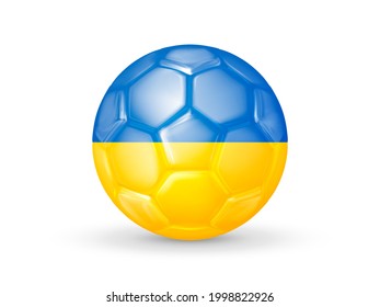 3D soccer ball with the Ukraine national flag. Ukrainian national football team concept. Isolated on white. Realistic vector illustration