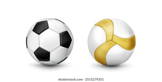 Bola de futebol 3d. Vetor de ícone de esporte branco e preto. Conjunto de design de elemento de jogo de estádio realista. Brinquedo de futebol atirar em cor dourada e pentágono padrão. Gráfico do troféu da esfera de competição da liga dos leões