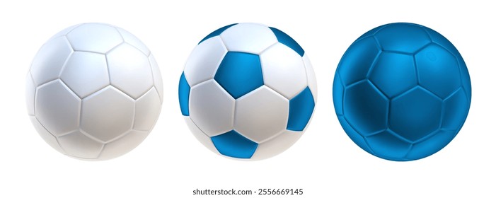 3d soccer balls icons Blue and white color. 3d vector render Symbol or emblem football . Vector illustration