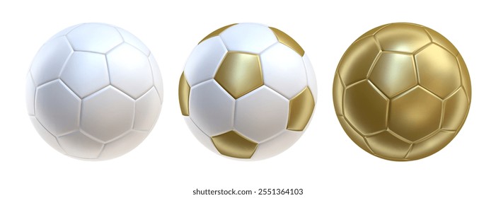 3d soccer balls icons Gold and white color. 3d vector render Symbol or emblem football . Vector illustration