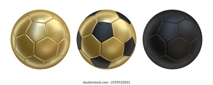 3d soccer balls icons Gold and black color. 3d vector render Symbol or emblem football . Vector illustration