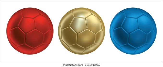 3d soccer balls icons red, gold and blue color.. 3d vector render Symbol or emblem football . Vector illustration
