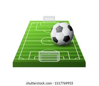 3d soccer field with green grass, goals and white and black ball isolated, vector illustration