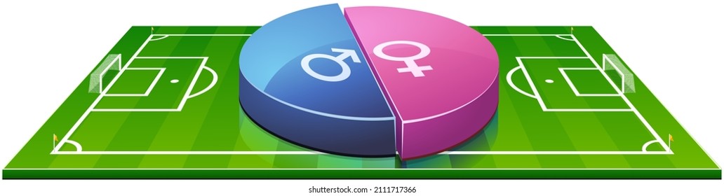 3D soccer field with pie chart statistics or gender parity on a white background (cut out)