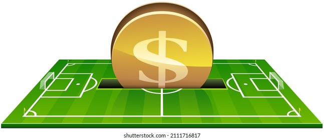 3D Soccer Field In Which A Dollar Coin Is Inserted Like A Piggy Bank On White Background (cut Out)