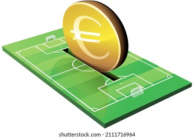 3D soccer field in which a euro coin is inserted like a piggy bank on white background (cut out)