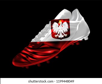 3d soccer football boot with print of flag of Poland isolated on dark background vector illustration