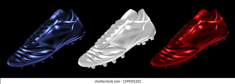 3d soccer football boots in colors set isolated on a black background, vector illustration