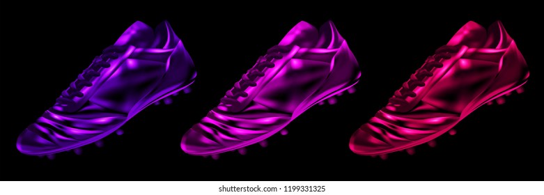 3d soccer football boots in colors set isolated on a black background, vector illustration